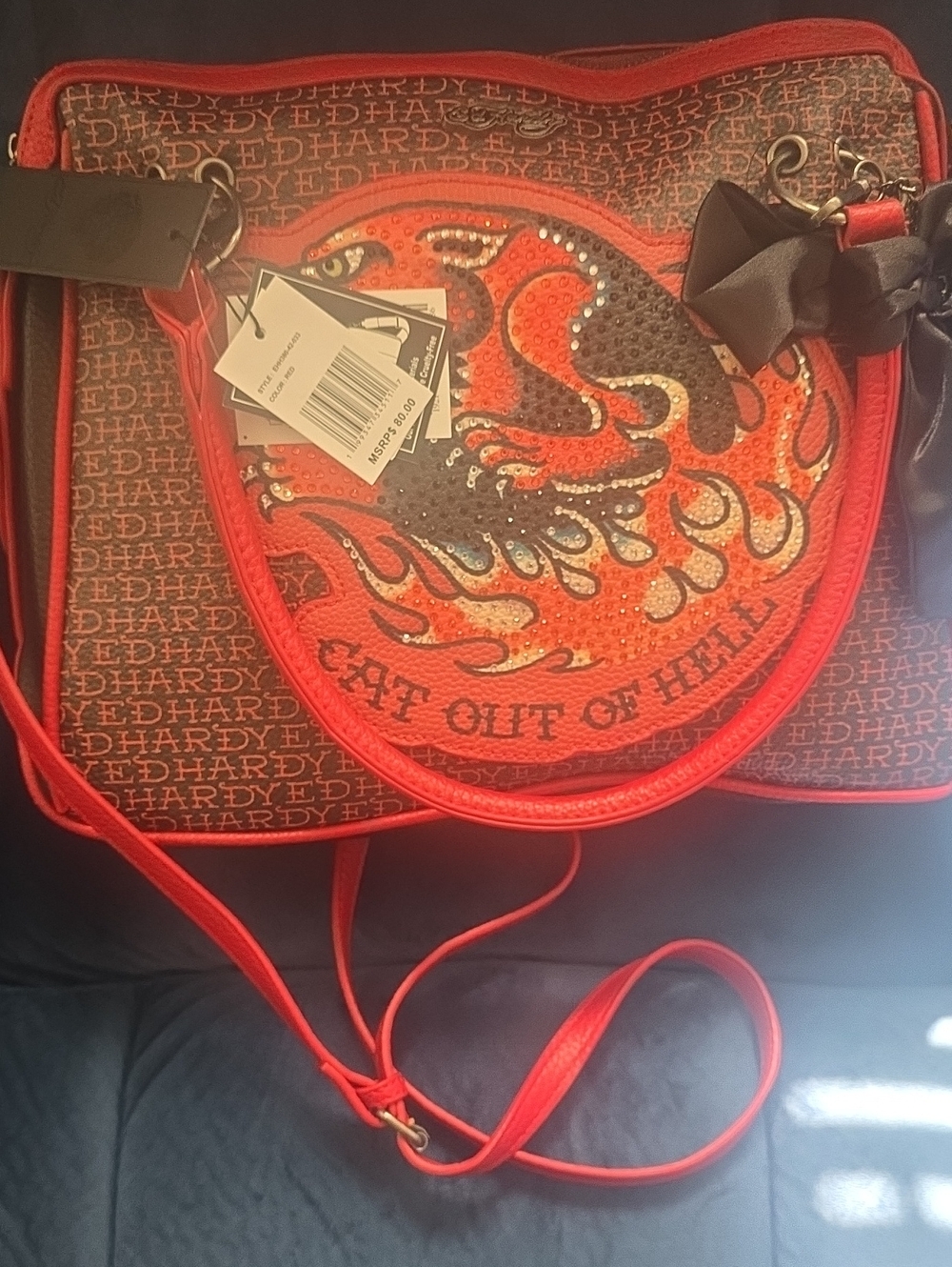 Ed Hardy Red and Black "Cat Out Of Hell" Crossbody Bag